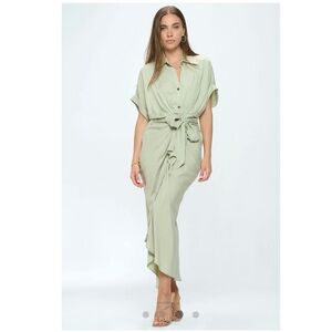 NWT Prova Vittorio Tie Waist Button Front Light Green Maxi Dress Sz. L